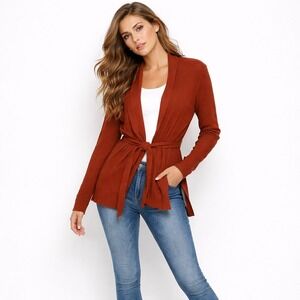 MM.LaFleur Women Cardigan M/L‎ Merino Wool Open Front Belted Rust Brown Fall